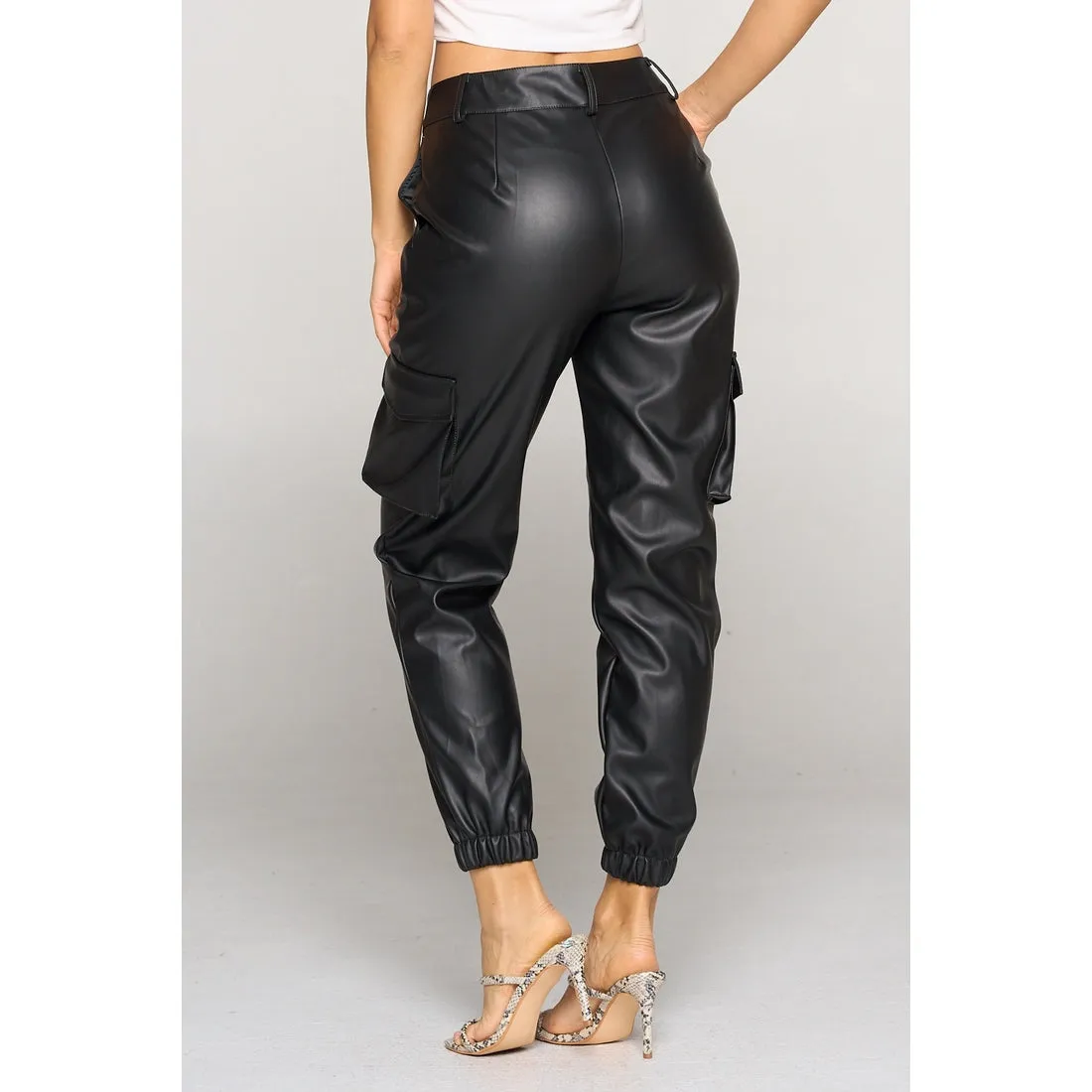 Leather Look Cargo Pants - Black