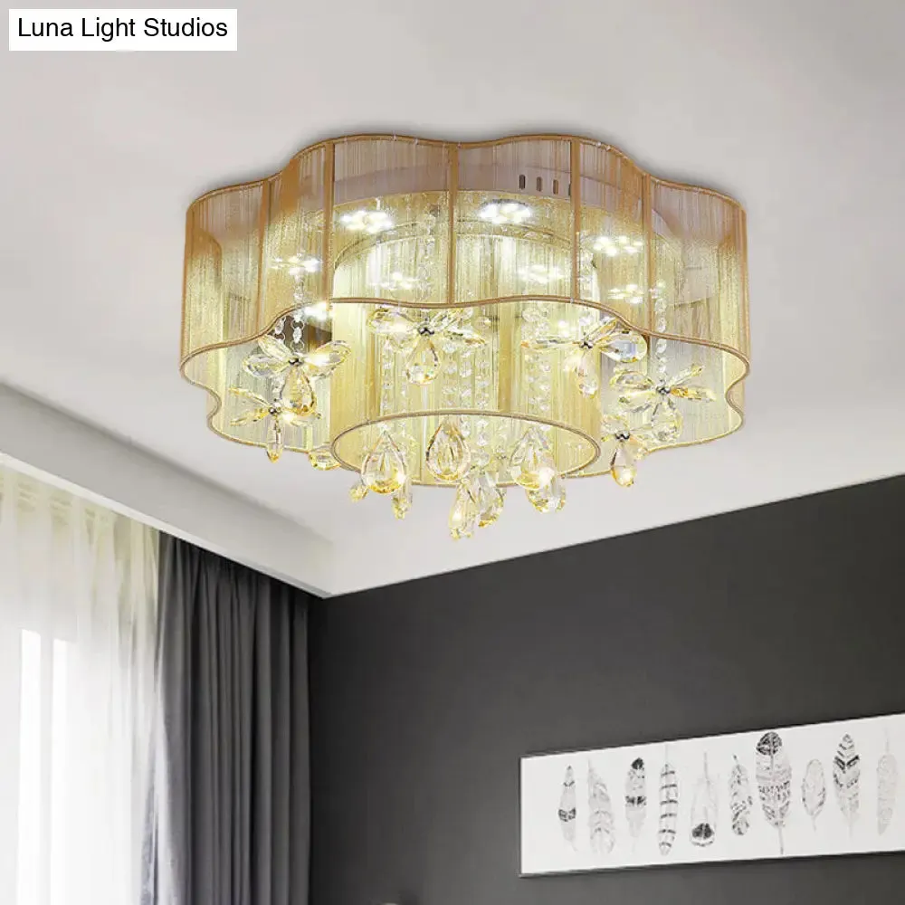 LED Flower Ceiling Light with Crystal Drops - Gold/Pink Modern 2-Layer Fabric Mount