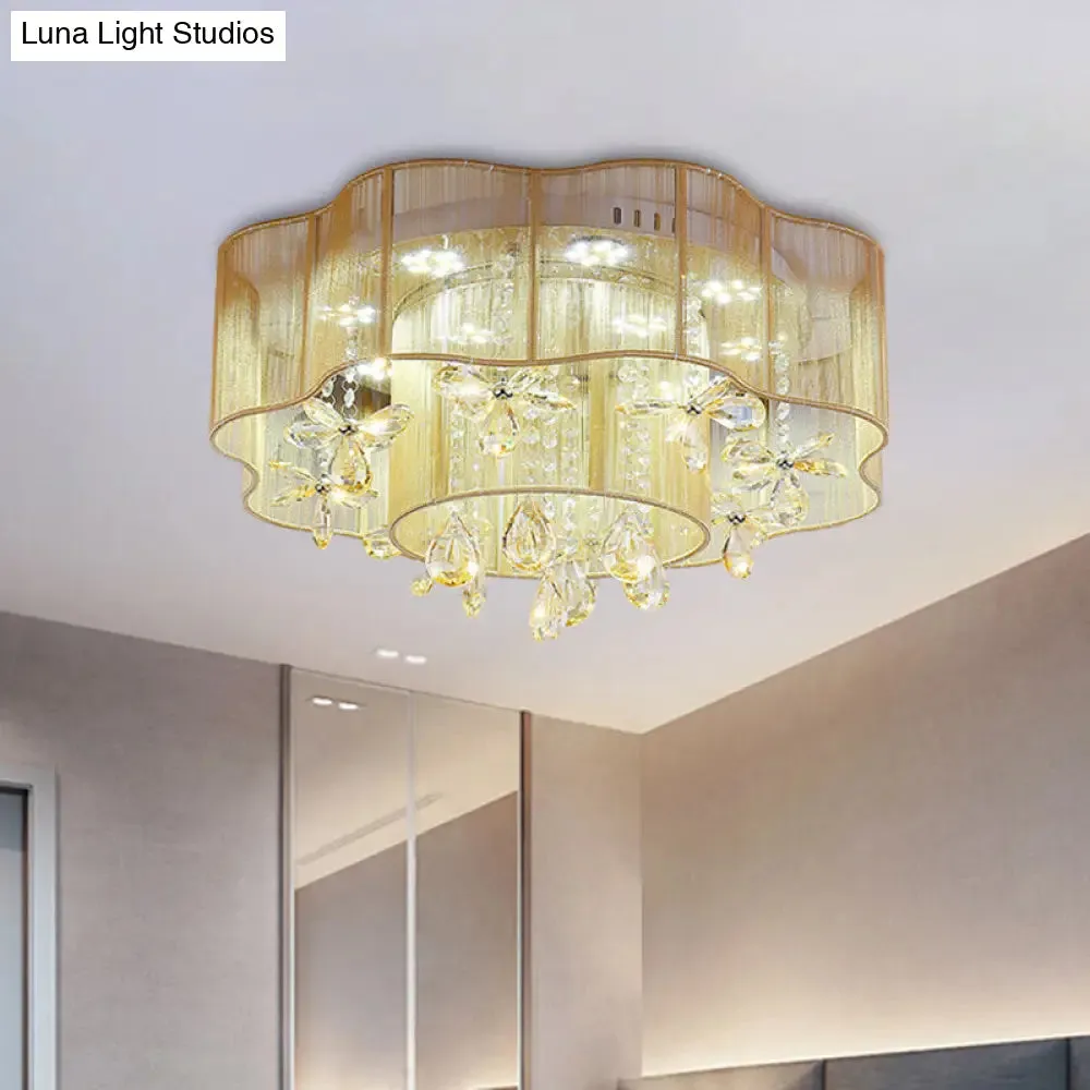 LED Flower Ceiling Light with Crystal Drops - Gold/Pink Modern 2-Layer Fabric Mount