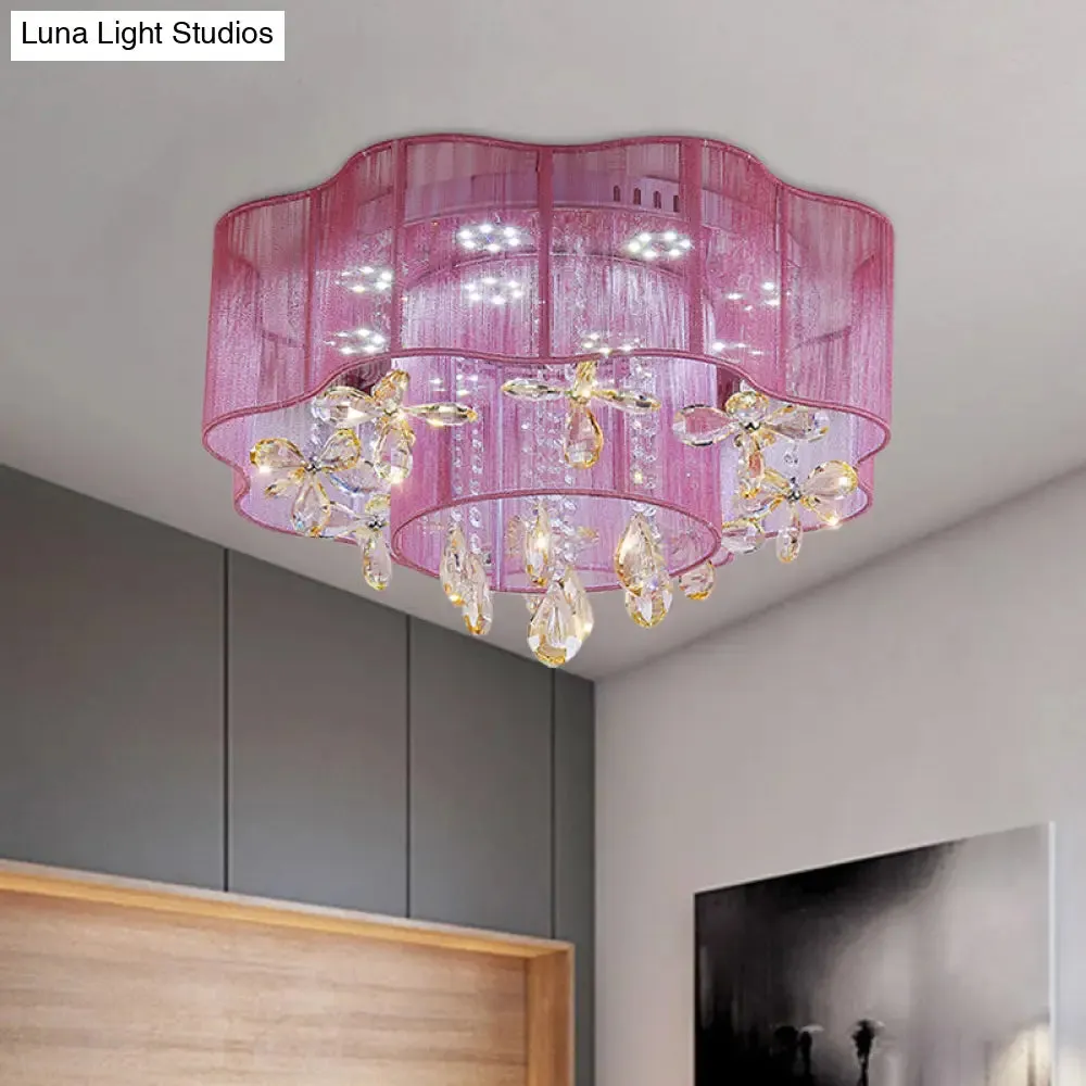 LED Flower Ceiling Light with Crystal Drops - Gold/Pink Modern 2-Layer Fabric Mount