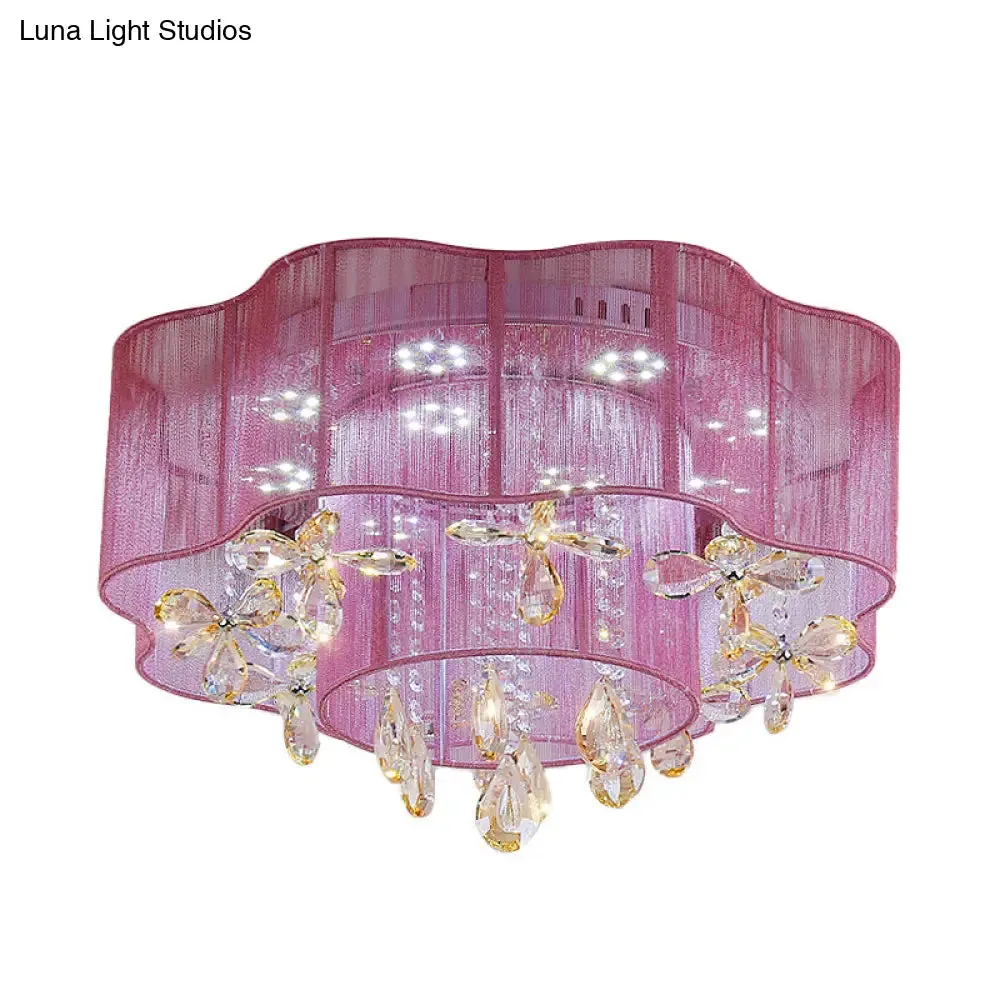 LED Flower Ceiling Light with Crystal Drops - Gold/Pink Modern 2-Layer Fabric Mount