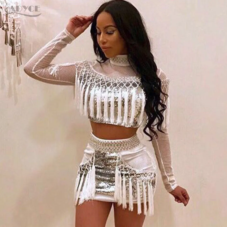 Long Sleeve Crop Tops&Skirts  Sequins Tassel Fringe Women Set