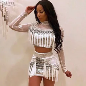 Long Sleeve Crop Tops&Skirts  Sequins Tassel Fringe Women Set