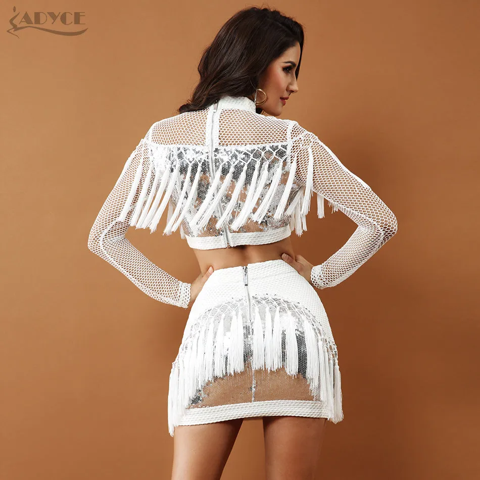 Long Sleeve Crop Tops&Skirts  Sequins Tassel Fringe Women Set