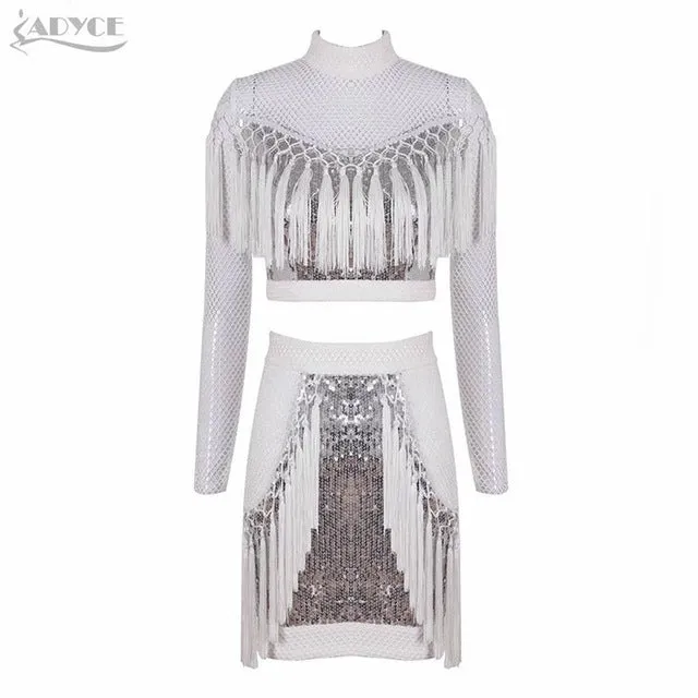 Long Sleeve Crop Tops&Skirts  Sequins Tassel Fringe Women Set