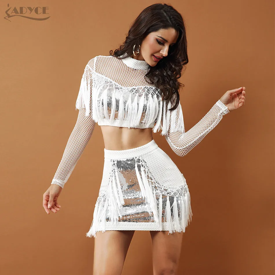 Long Sleeve Crop Tops&Skirts  Sequins Tassel Fringe Women Set