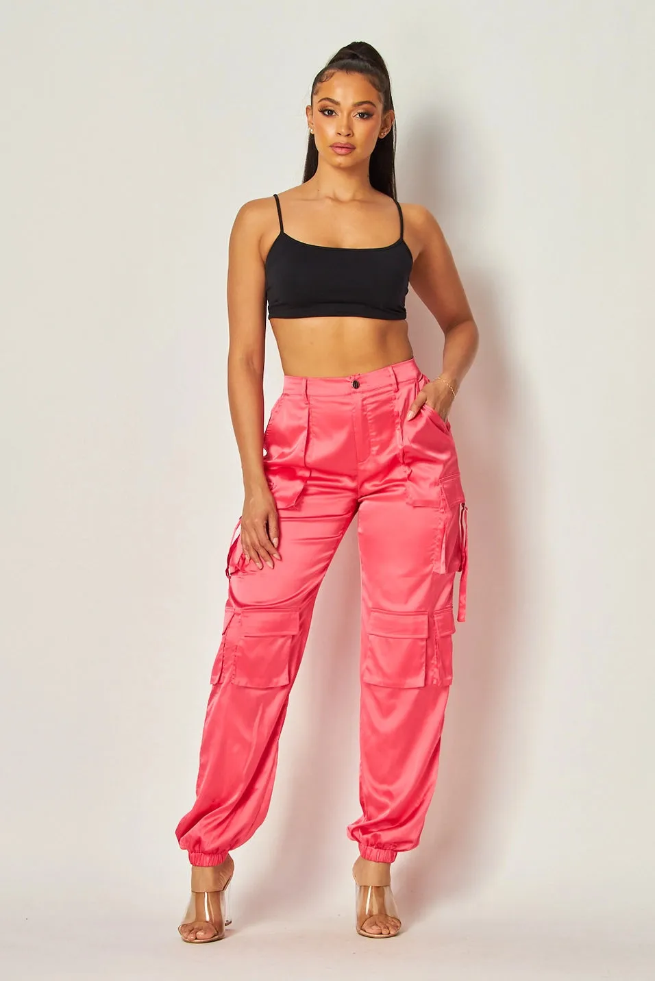 Love Me Satin Cargo Pocket Jogger Pants