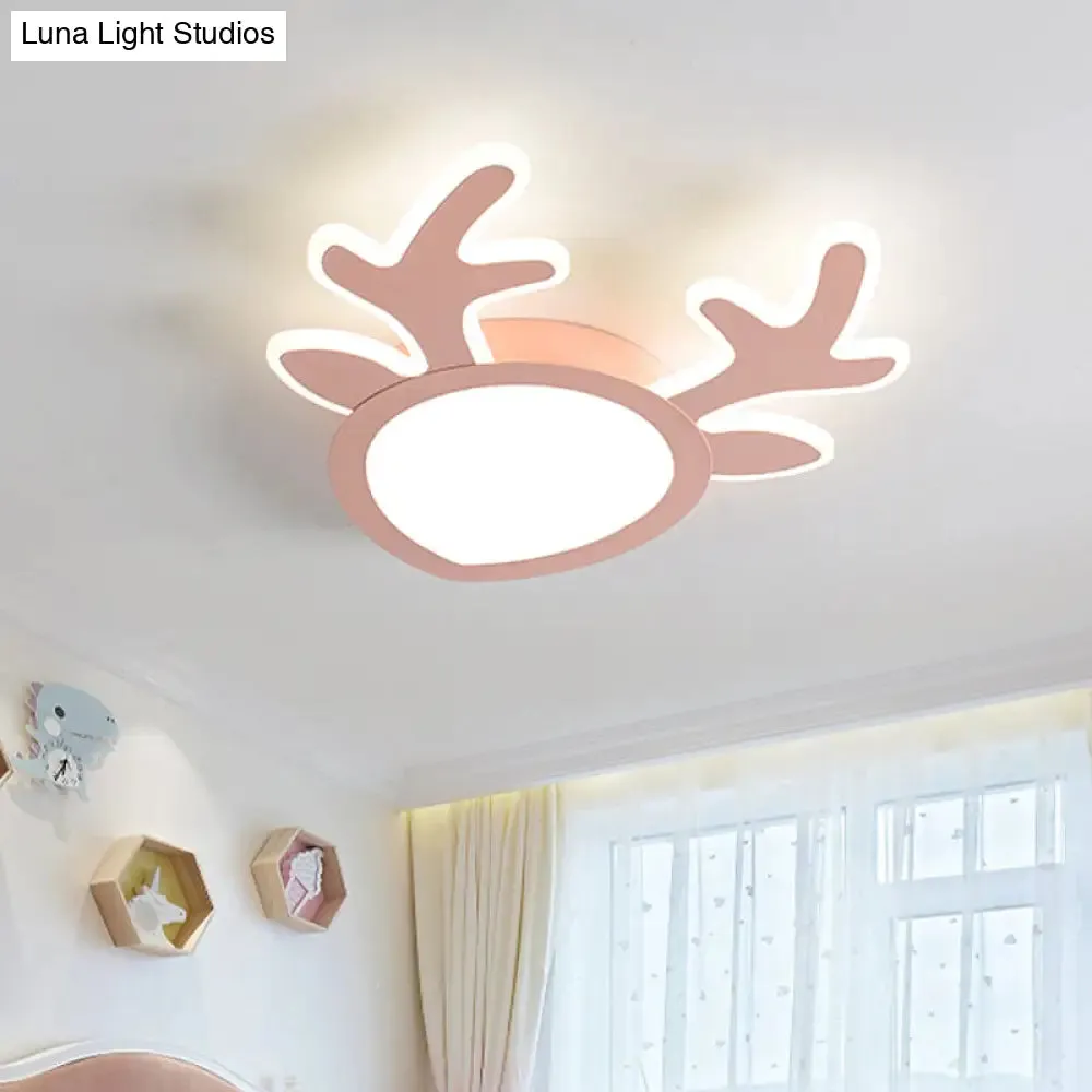 Macaroon Pink/Blue LED Children's Bedroom Ceiling Light - Antler Iron Flush Mount Lamp