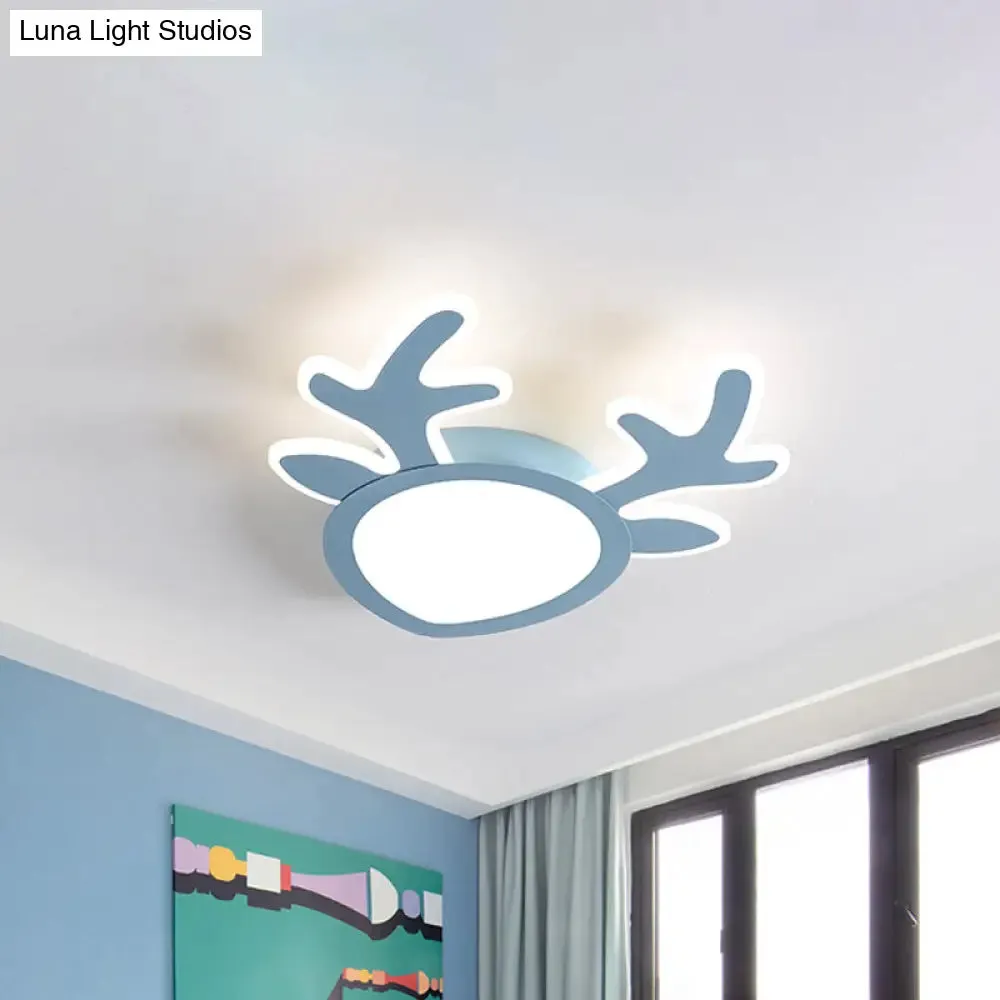 Macaroon Pink/Blue LED Children's Bedroom Ceiling Light - Antler Iron Flush Mount Lamp