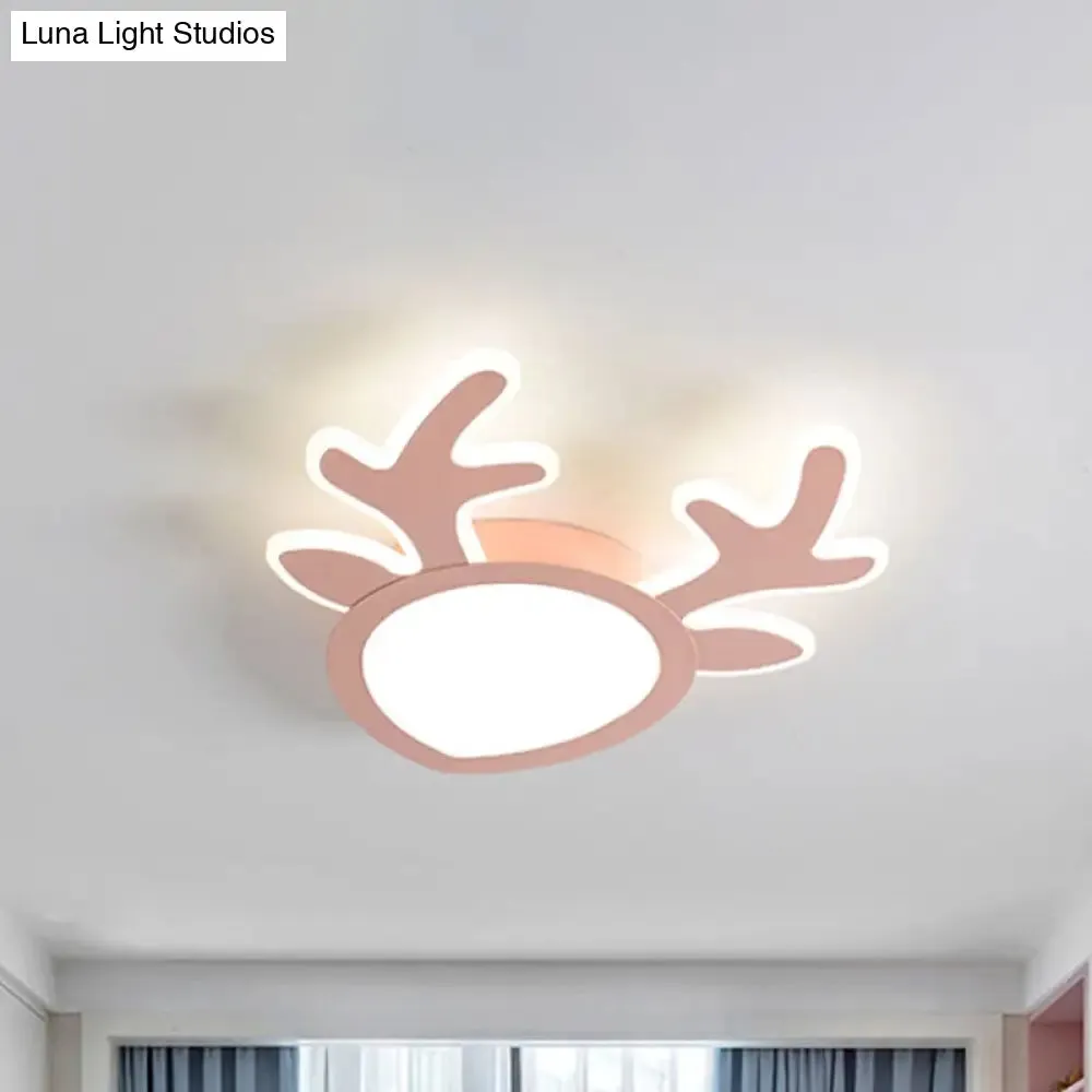 Macaroon Pink/Blue LED Children's Bedroom Ceiling Light - Antler Iron Flush Mount Lamp