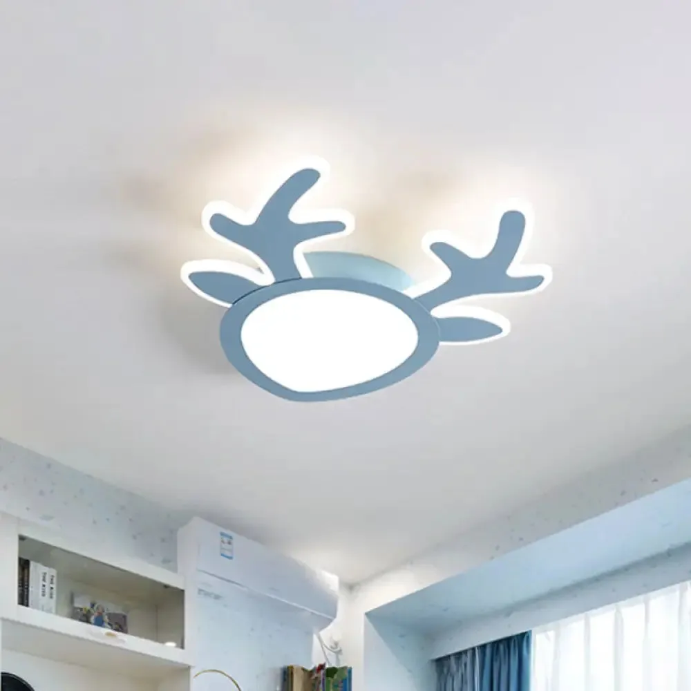 Macaroon Pink/Blue LED Children's Bedroom Ceiling Light - Antler Iron Flush Mount Lamp