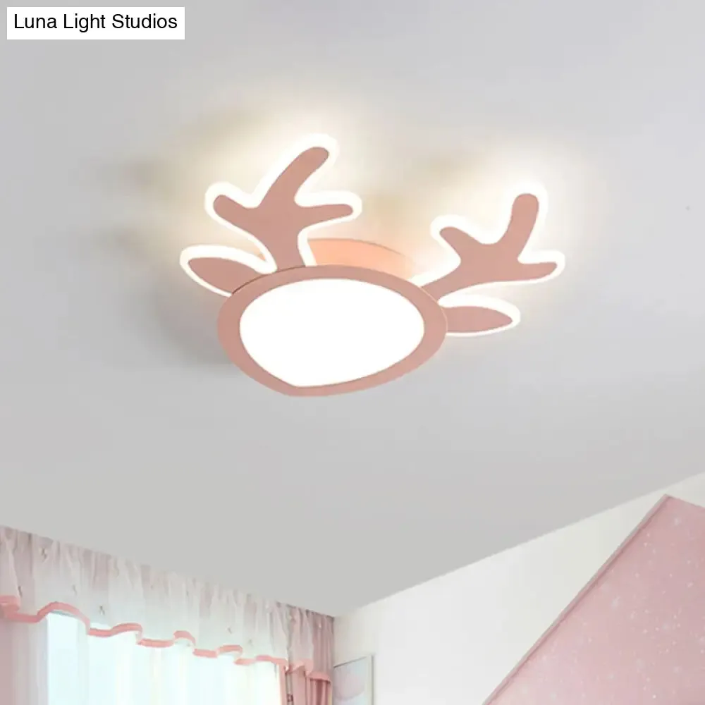 Macaroon Pink/Blue LED Children's Bedroom Ceiling Light - Antler Iron Flush Mount Lamp