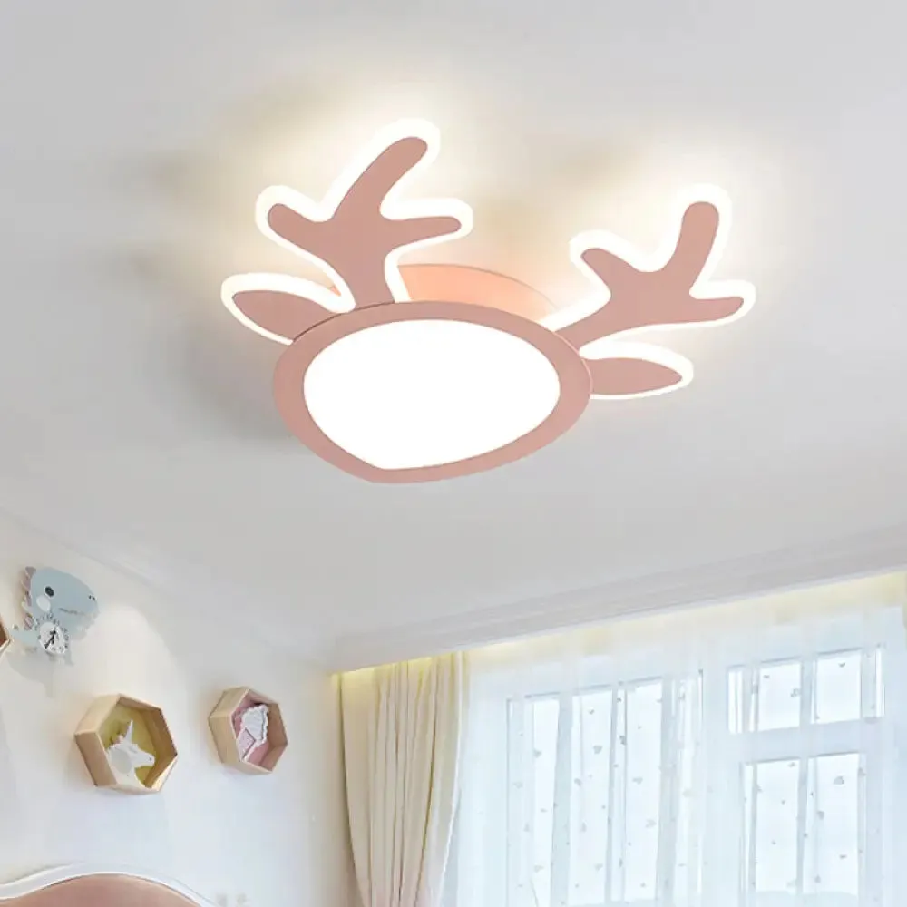 Macaroon Pink/Blue LED Children's Bedroom Ceiling Light - Antler Iron Flush Mount Lamp