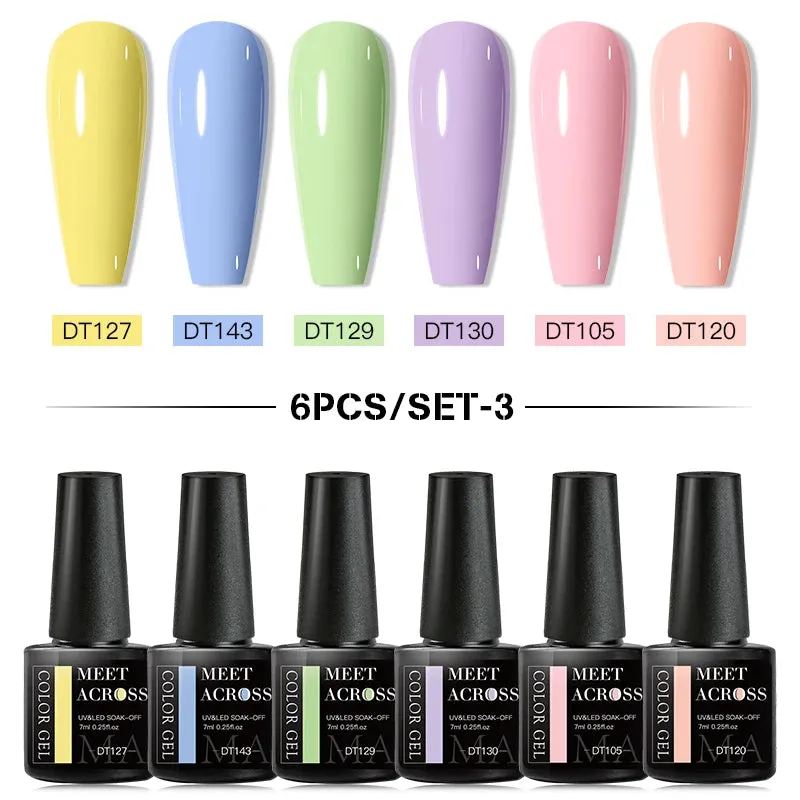 MEET ACROSS Gel Nail Polish Set: 6 Macaron Colors, Glitter, UV Nail Kit, Base & Matte Top Coat