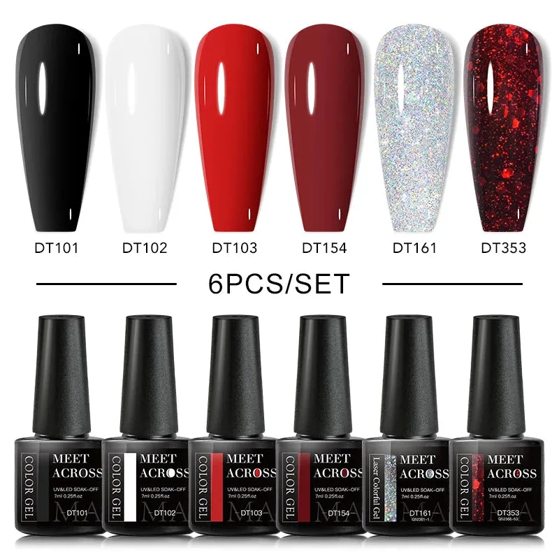 MEET ACROSS Gel Nail Polish Set: 6 Macaron Colors, Glitter, UV Nail Kit, Base & Matte Top Coat