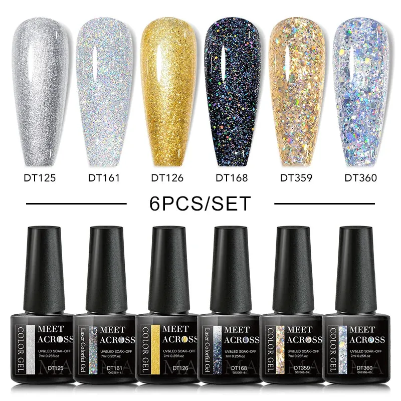 MEET ACROSS Gel Nail Polish Set: 6 Macaron Colors, Glitter, UV Nail Kit, Base & Matte Top Coat