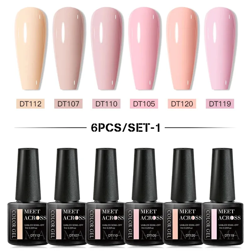 MEET ACROSS Gel Nail Polish Set: 6 Macaron Colors, Glitter, UV Nail Kit, Base & Matte Top Coat