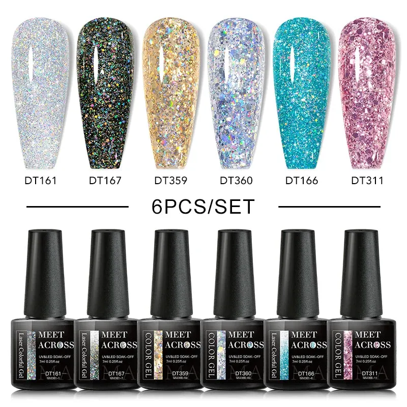 MEET ACROSS Gel Nail Polish Set: 6 Macaron Colors, Glitter, UV Nail Kit, Base & Matte Top Coat