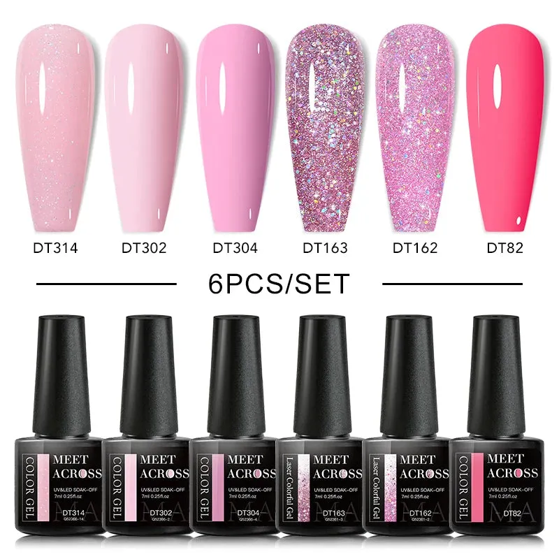 MEET ACROSS Gel Nail Polish Set: 6 Macaron Colors, Glitter, UV Nail Kit, Base & Matte Top Coat