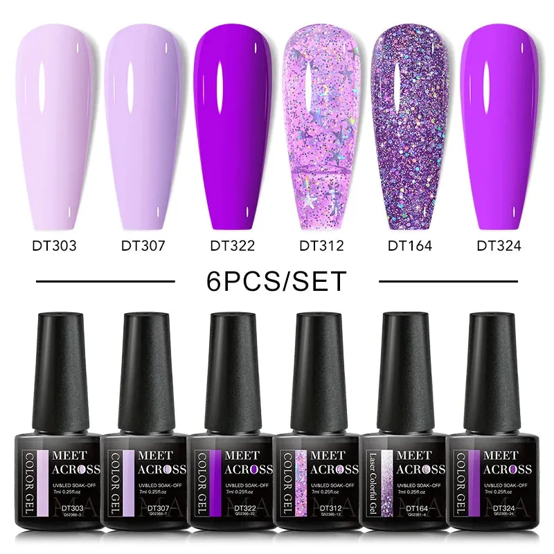 MEET ACROSS Gel Nail Polish Set: 6 Macaron Colors, Glitter, UV Nail Kit, Base & Matte Top Coat