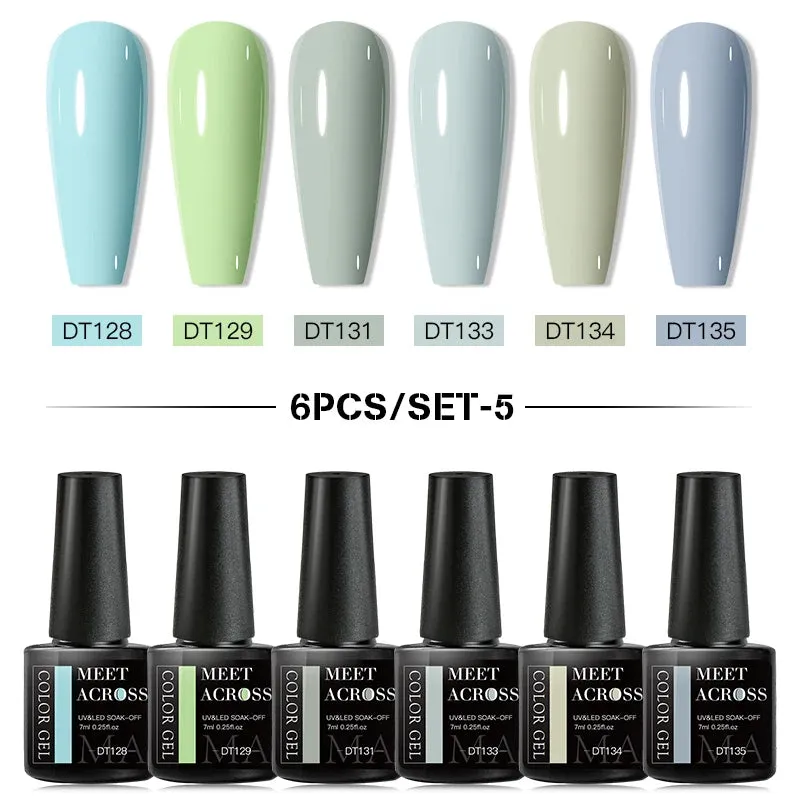 MEET ACROSS Gel Nail Polish Set: 6 Macaron Colors, Glitter, UV Nail Kit, Base & Matte Top Coat