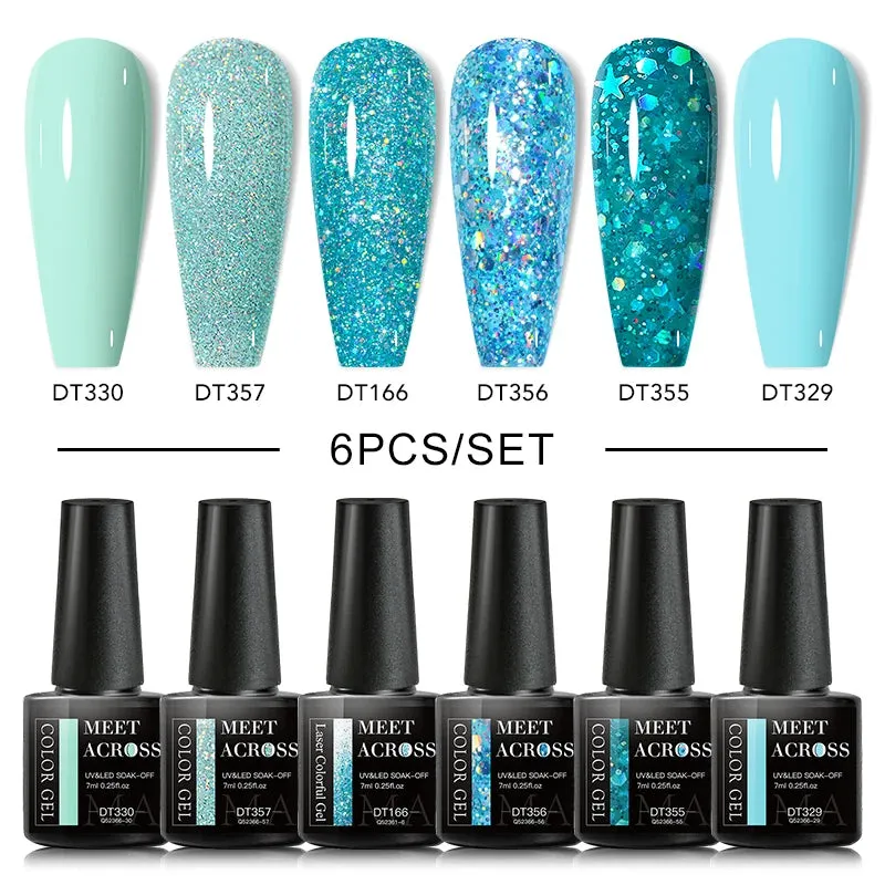 MEET ACROSS Gel Nail Polish Set: 6 Macaron Colors, Glitter, UV Nail Kit, Base & Matte Top Coat