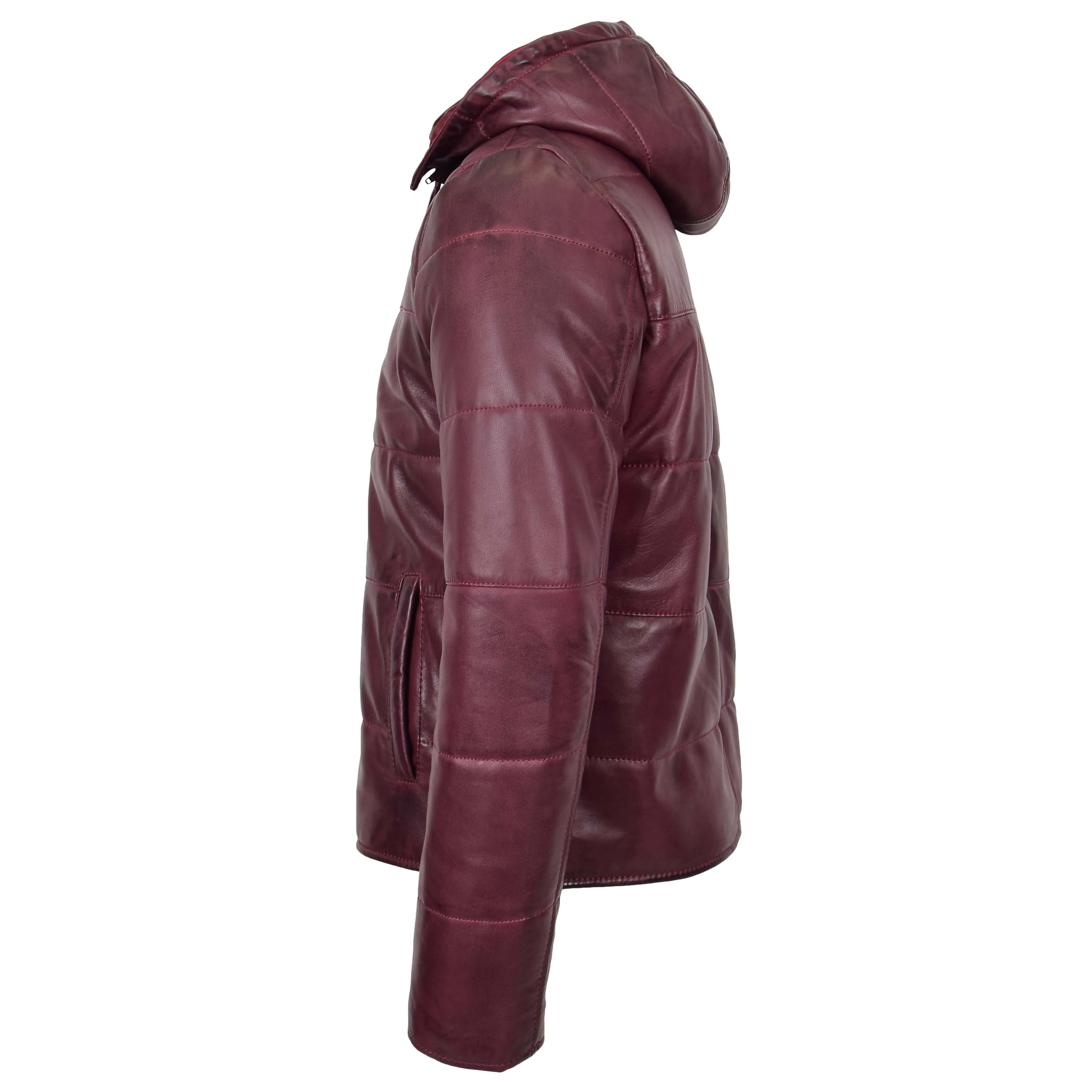 Mens Leather Hooded Puffer Jacket Rory Burgundy