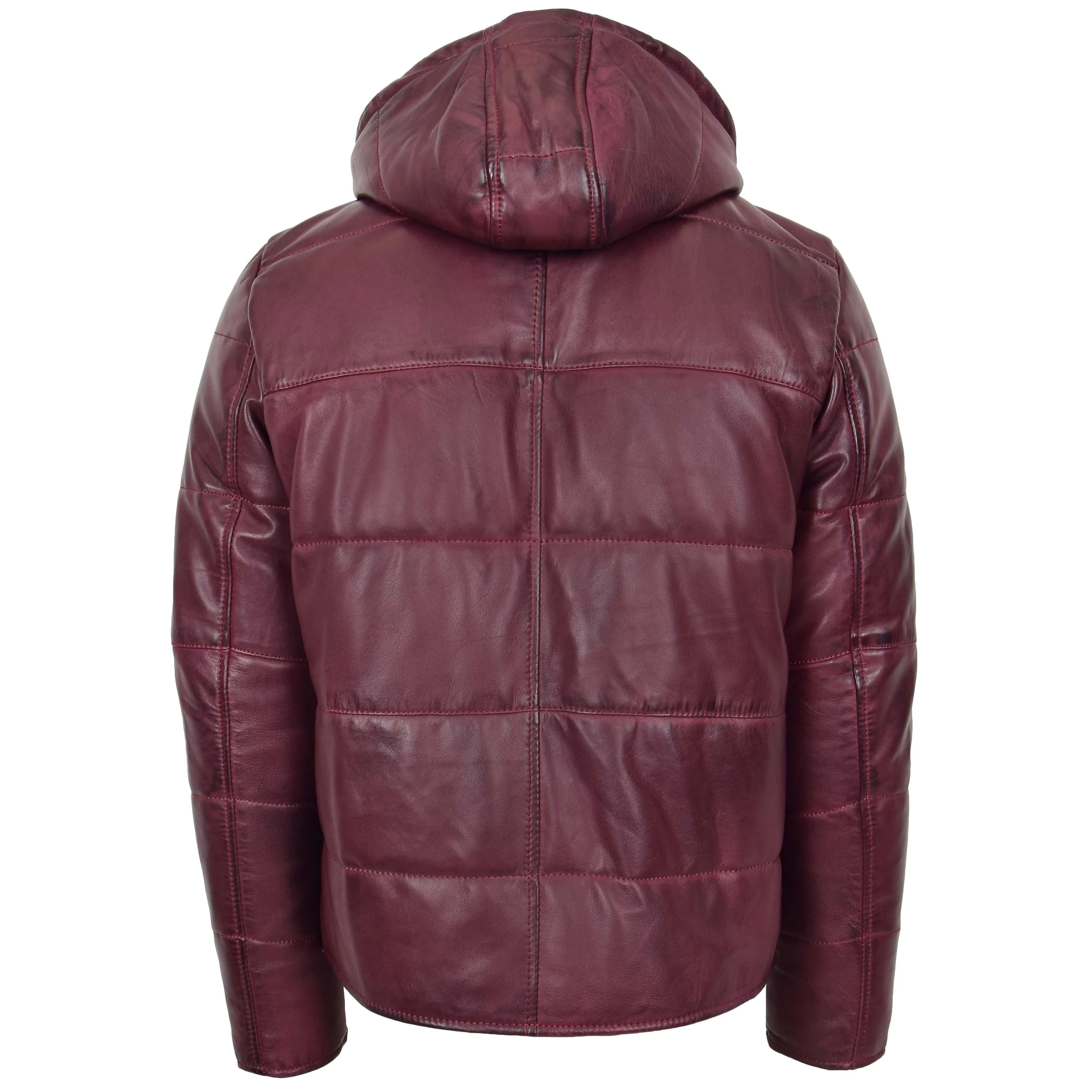 Mens Leather Hooded Puffer Jacket Rory Burgundy