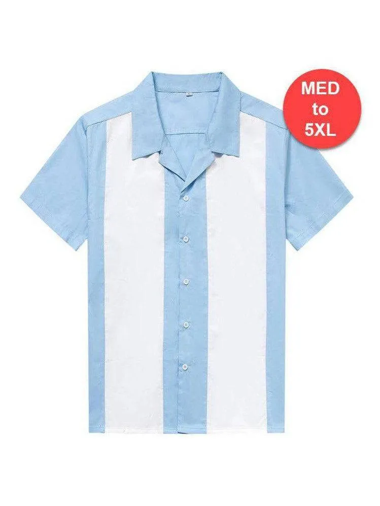 Mens Vintage Style Bowling Dress Shirt - Pale Blue White Panels