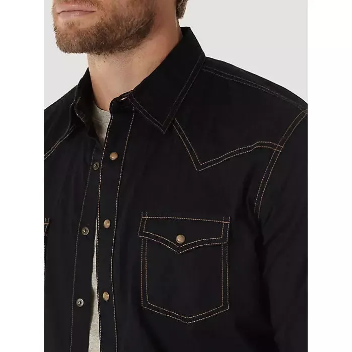 MEN'S WRANGLER RETRO® LONG SLEEVE WESTERN SNAP SOLID DOBBY SHIRT IN BLACK