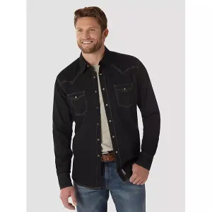 MEN'S WRANGLER RETRO® LONG SLEEVE WESTERN SNAP SOLID DOBBY SHIRT IN BLACK