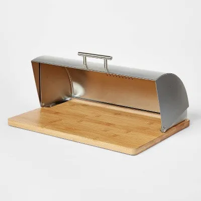 Metal Breadbox with Bamboo Base Silver - Threshold