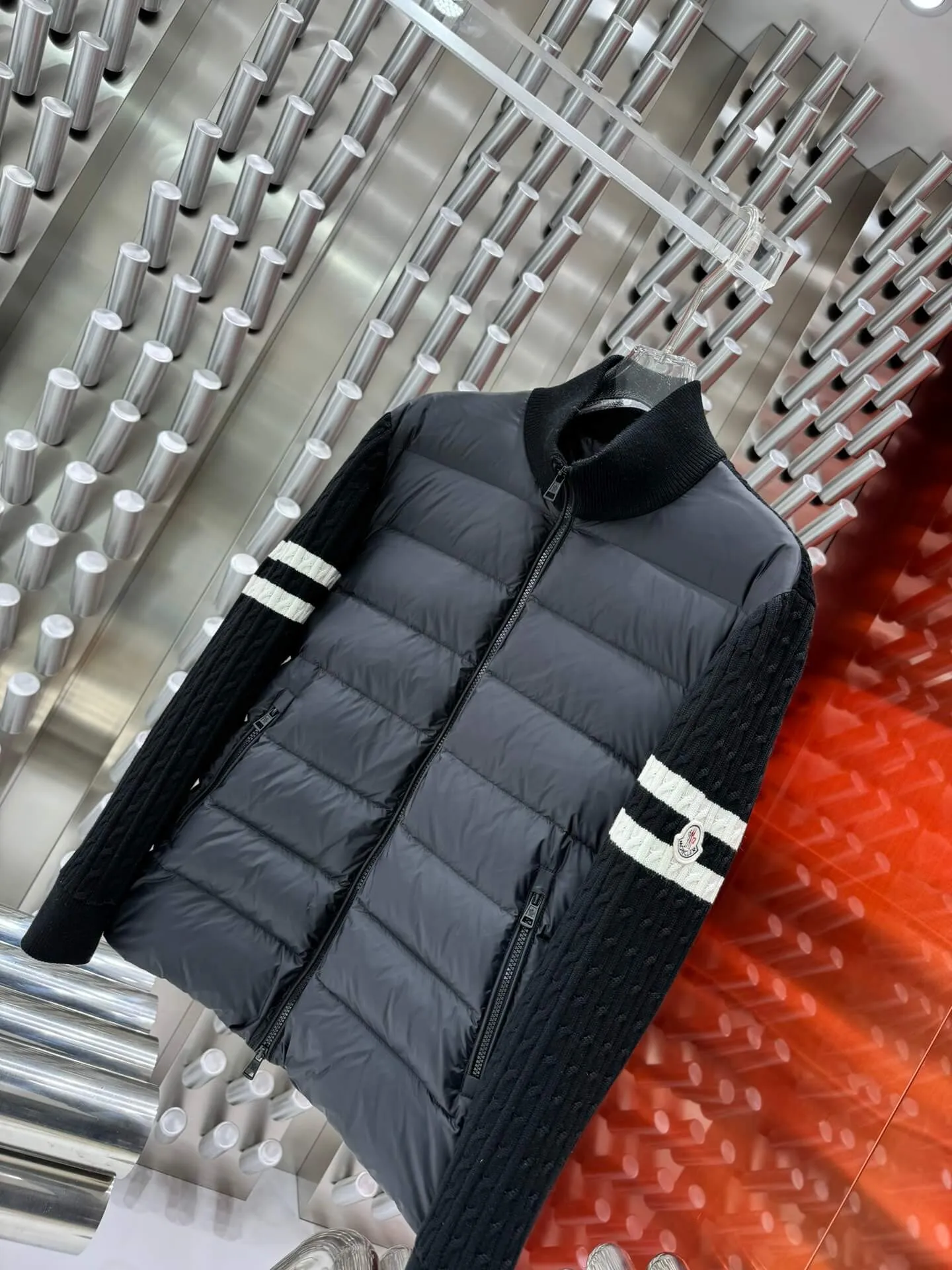 Moncler Black Puffer Jacket with Knitted Sleeves