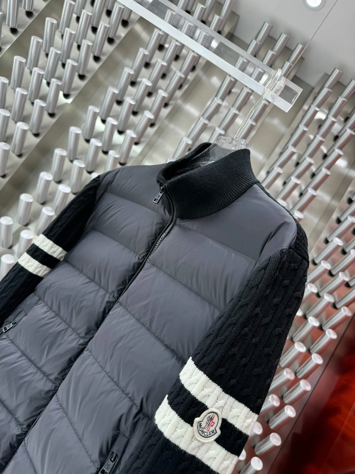 Moncler Black Puffer Jacket with Knitted Sleeves