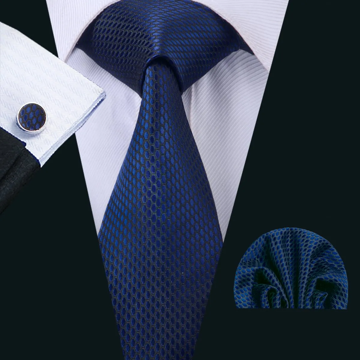 Navy Blue Geometric Tie Hanky Cufflinks Set Gift Box Set