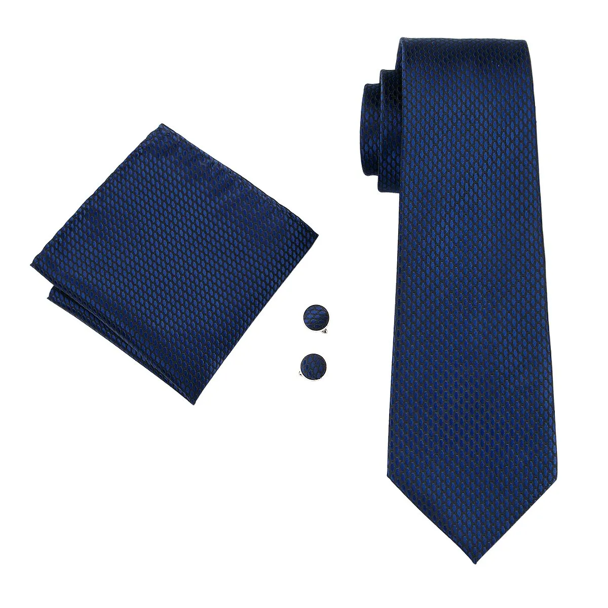 Navy Blue Geometric Tie Hanky Cufflinks Set Gift Box Set