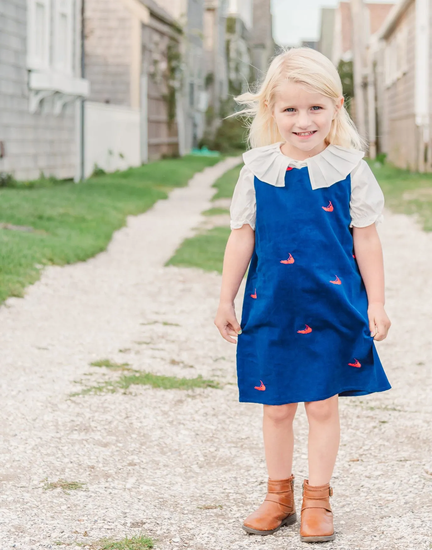 Navy Corduroy Jumper Dress with Red Nantuckets