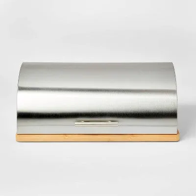 New - Metal Breadbox with Bamboo Base Silver - Threshold