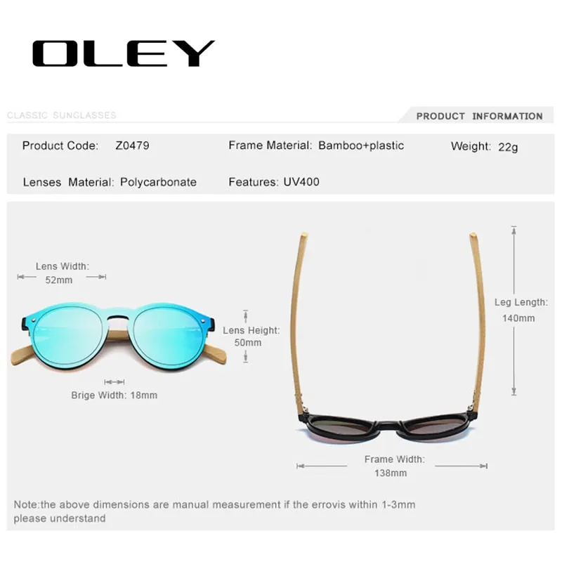 Oley Brand Bamboo Leg Hd Color Film Sunglasses Women Classic Round Overall Flat Lens Z0479