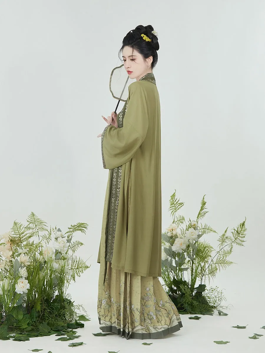 Olive Chinese Style Vintage Floral Embroidery Morden Hanfu Skirt Set