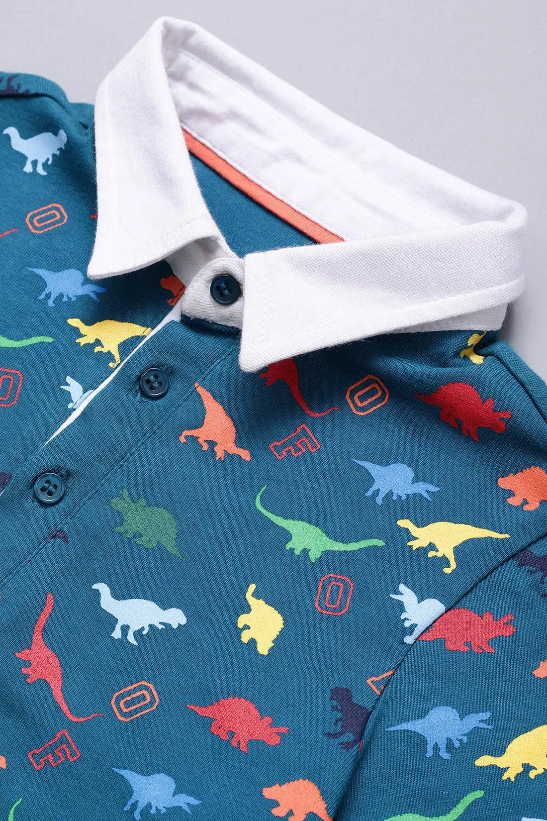 One Friday Baby Boys Blue Cotton Polo Neck Dino T-shirt