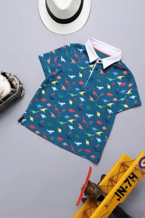 One Friday Baby Boys Blue Cotton Polo Neck Dino T-shirt