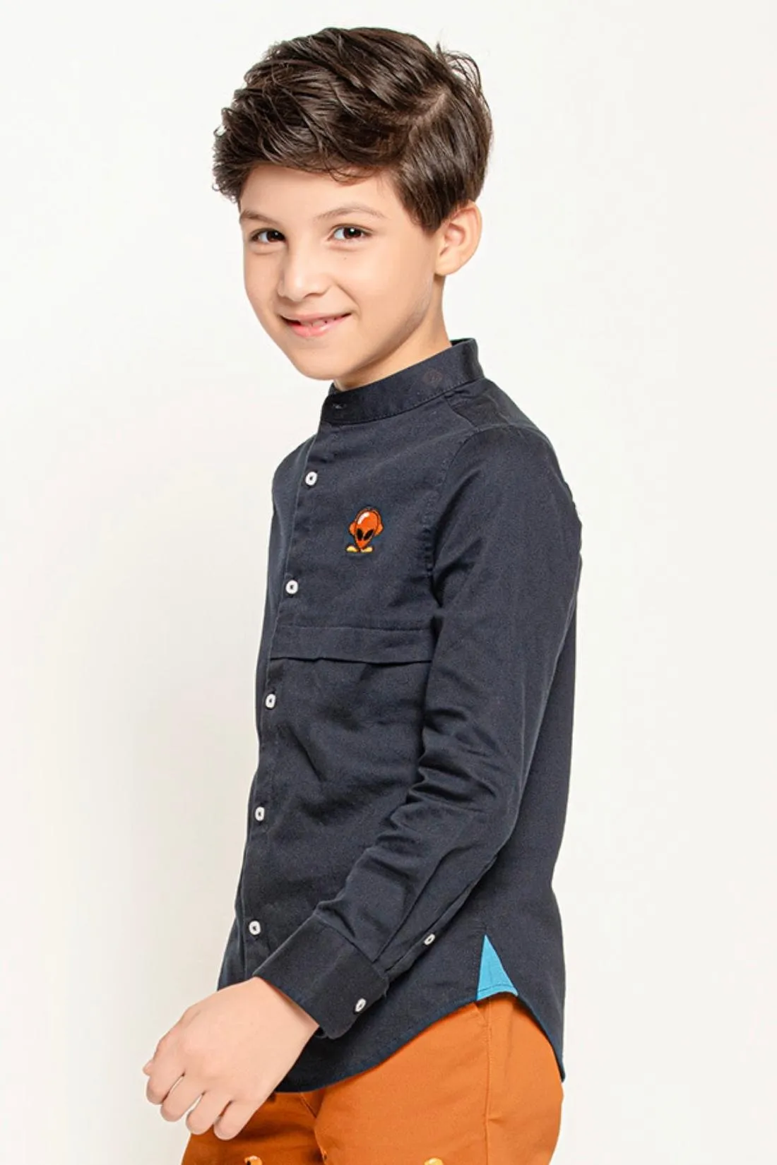 One Friday Kids Boys Navy Blue Mandarin Collared Shirt