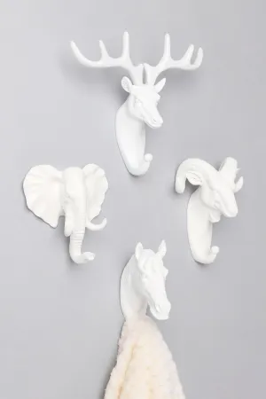 Ornamental White Animal Heads Wildlife Solid Resin Wall Organizer Coat Hook