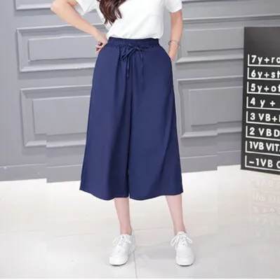 Pants Women 2017 Summer Seven Pants Casual High Waist Elastic Wide Leg Pants Chiffon Solid Fashion Trousers Plus Size XL 5 Color