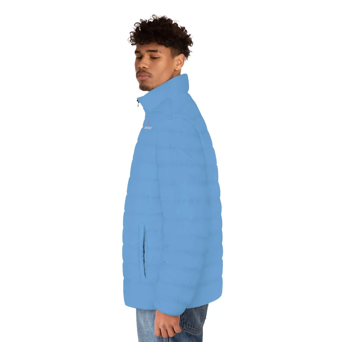 Pastel Blue Color Men's Jacket, Best Regular Fit Polyester Men's Puffer Jacket With Stand Up Collar (US Size: S-2XL)