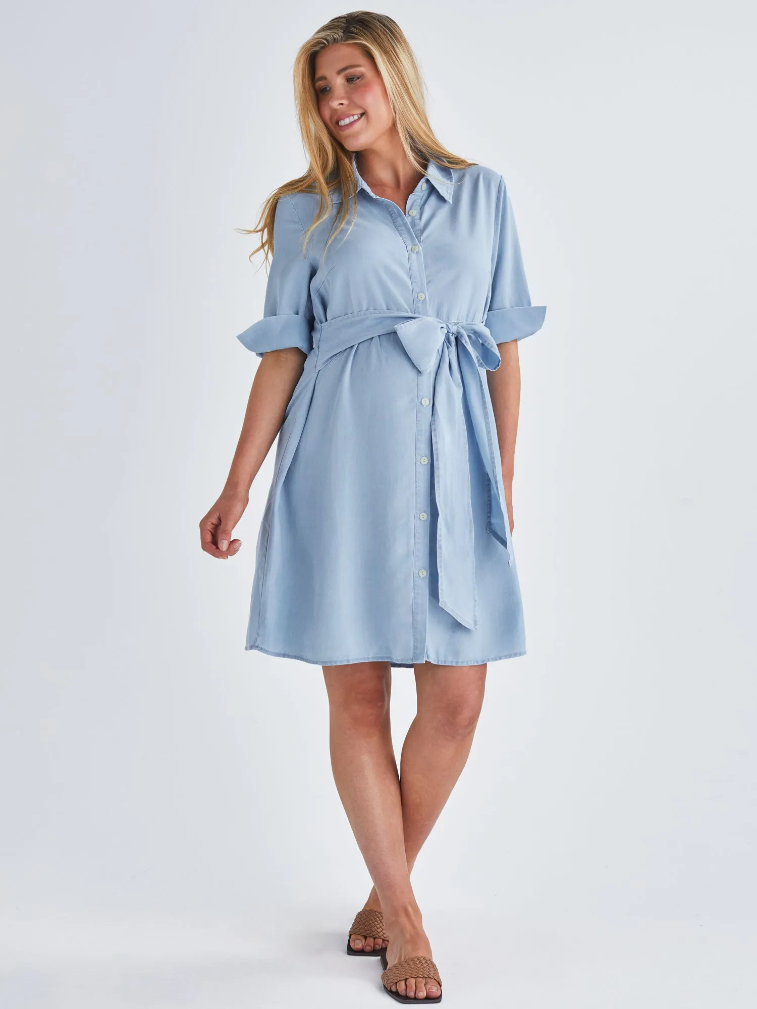 Poppy Maternity Tencel Shirt Dress In Blue