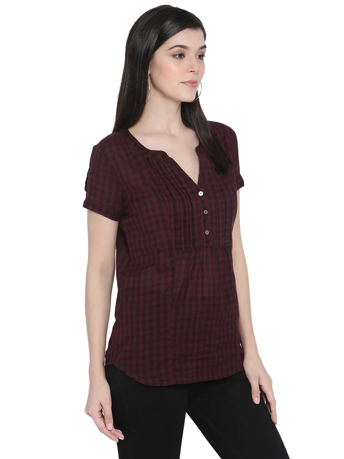 PORSORTE Women's 100% Cotton Dyed checks Wine Shirt