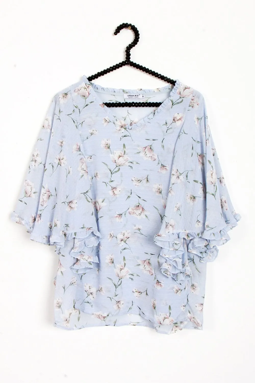 Powder Blue Floral Print Batwing Chiffon Blouse Top