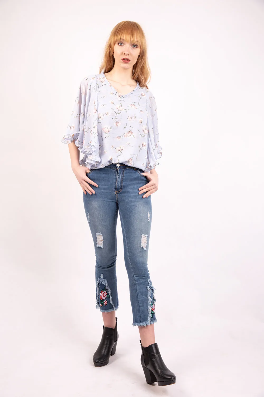 Powder Blue Floral Print Batwing Chiffon Blouse Top